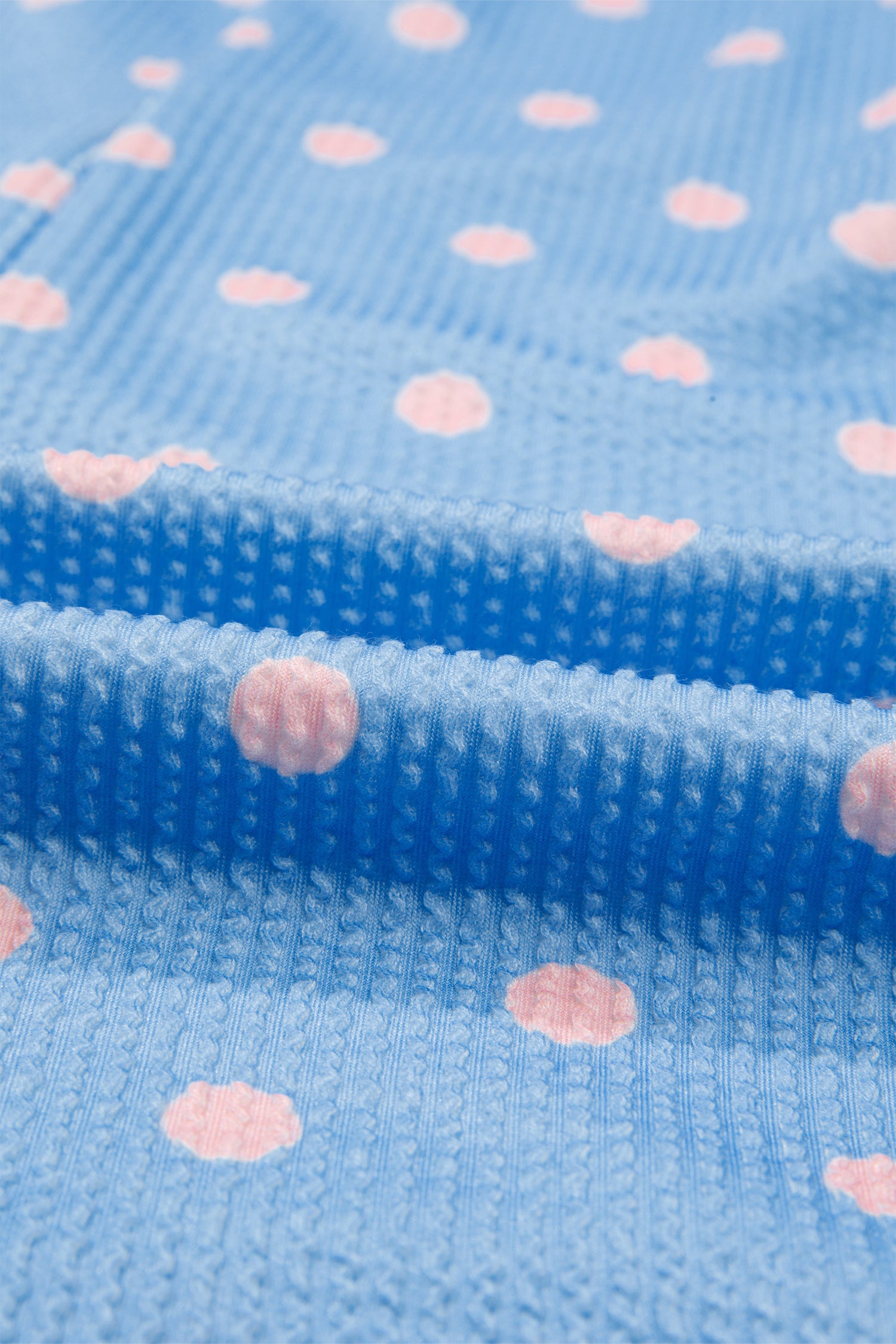 Sky Blue Raised Rib Polka Dot Print Cuffed Short Sleeve Top-Tops/Tops & Tees-[Adult]-[Female]-2022 Online Blue Zone Planet