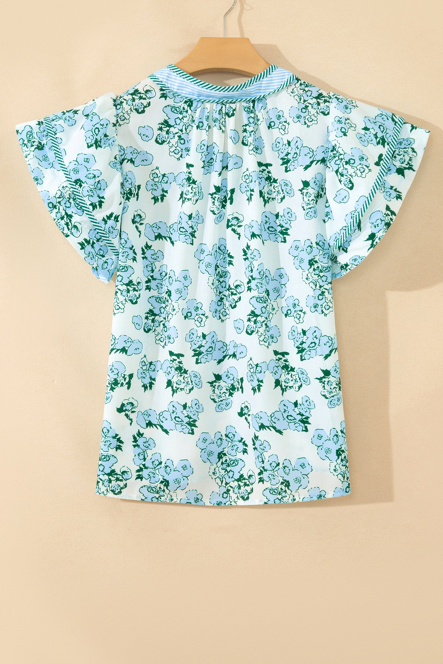 Green Floral Meets Stripes V Neck Flutter Sleeve Blouse-Tops/Blouses & Shirts-[Adult]-[Female]-2022 Online Blue Zone Planet
