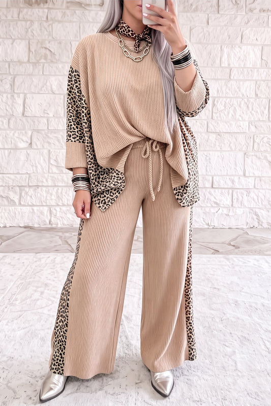 Parchment Leopard Print Twisted Ribbed Patchwork Long Sleeve Top Loose Pant Set-Two Piece Sets/Pant Sets-[Adult]-[Female]-Parchment-S-2022 Online Blue Zone Planet
