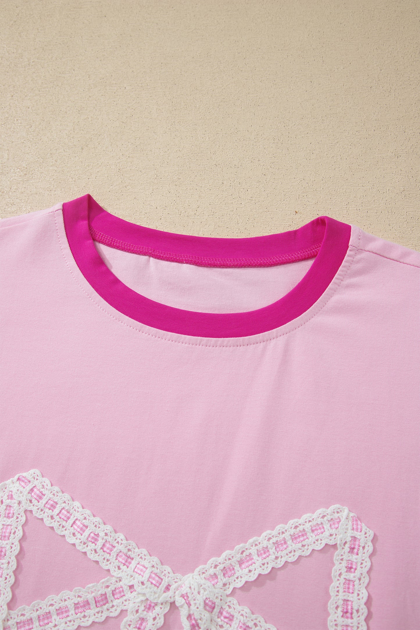 Gossamer Pink Embroidered Bow Detail Color Block Loose Tee-Tops/Tops & Tees-[Adult]-[Female]-2022 Online Blue Zone Planet