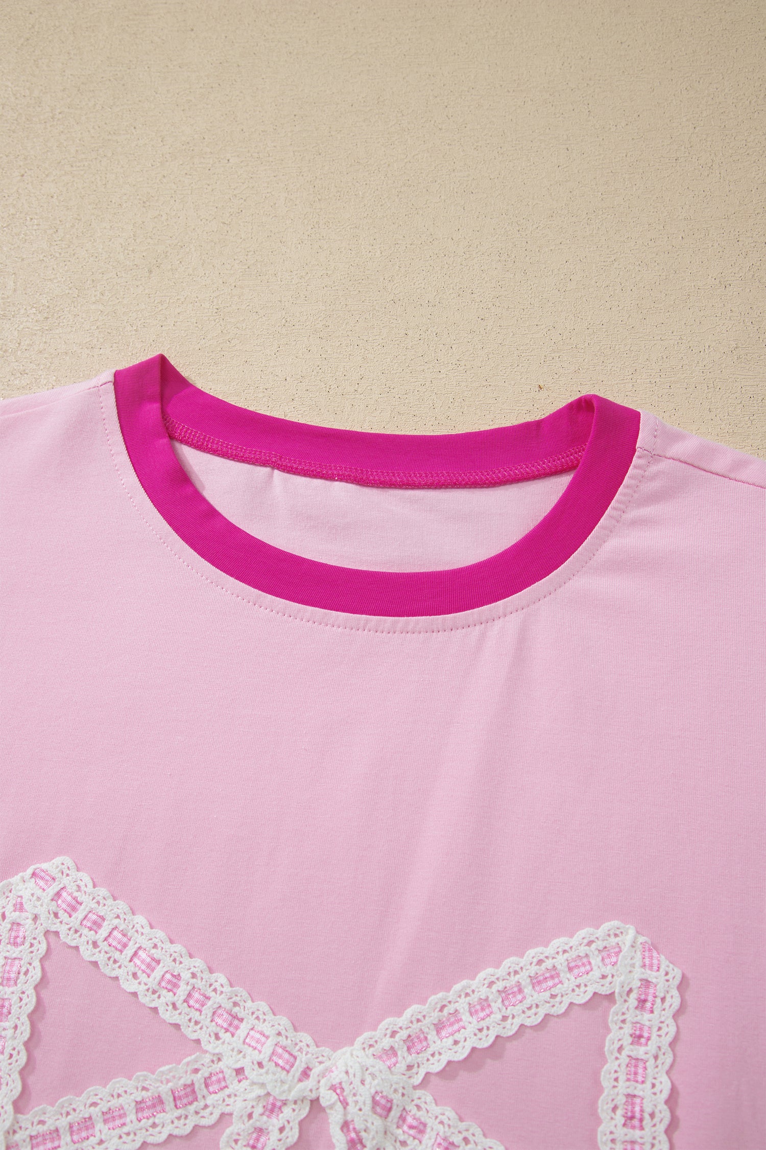 Gossamer Pink Embroidered Bow Detail Color Block Loose Tee-Tops/Tops & Tees-[Adult]-[Female]-2022 Online Blue Zone Planet