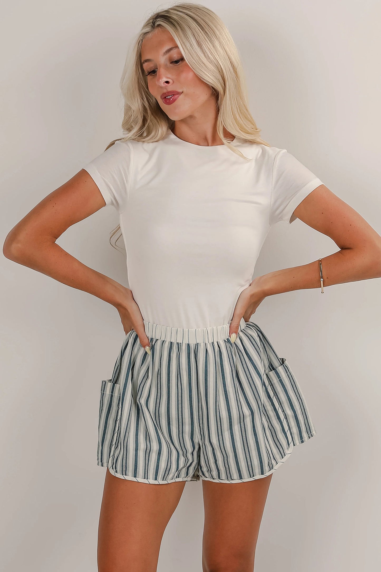 Gray Stripe Elastic Waist Cargo Pocket Casual Shorts-Bottoms/Casual Shorts-[Adult]-[Female]-2022 Online Blue Zone Planet