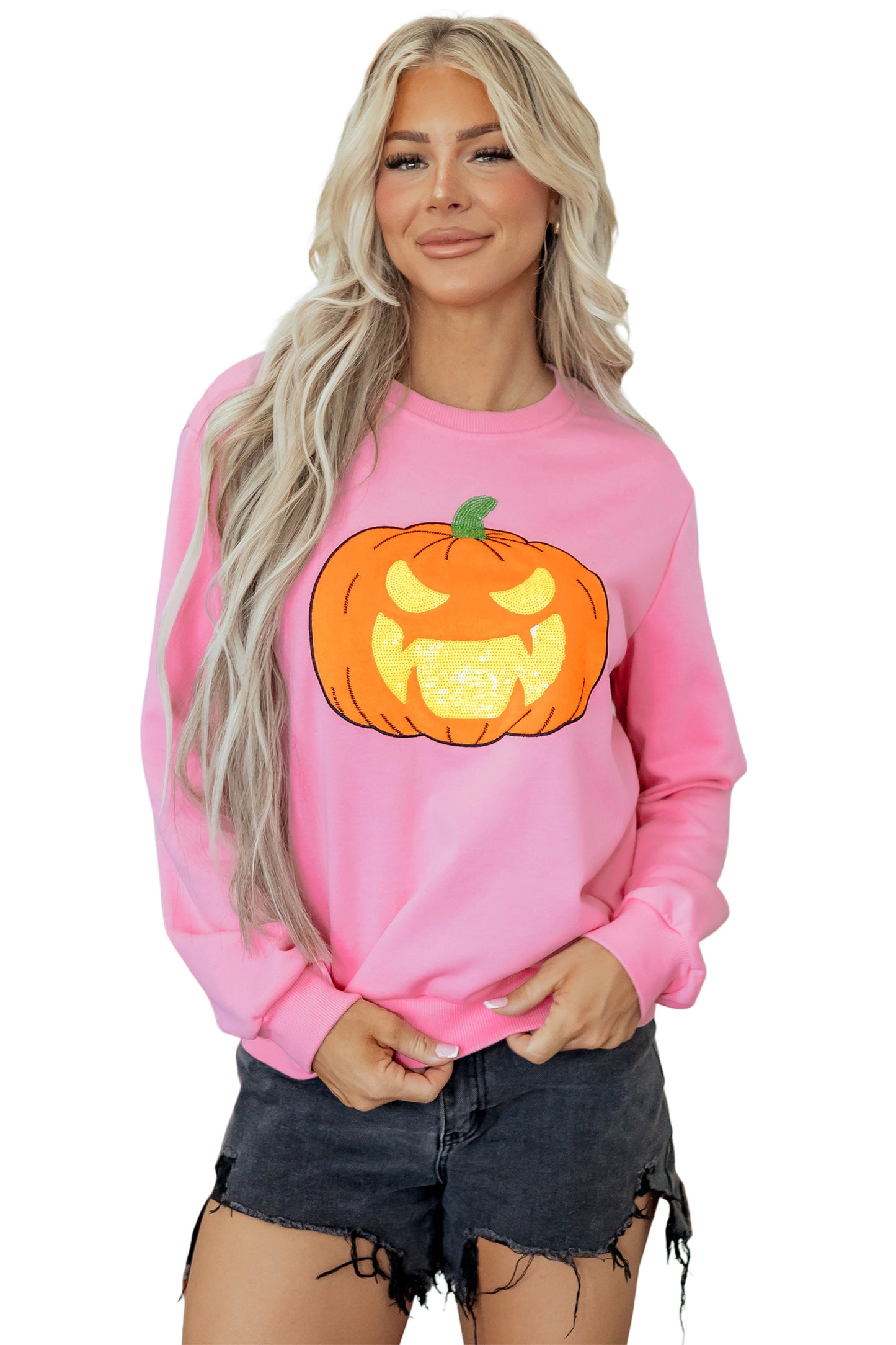 Pink Embroidered Pumpkin Face Long Sleeve Round Neck Sweatshirt-Tops/Sweatshirts & Hoodies-[Adult]-[Female]-2022 Online Blue Zone Planet