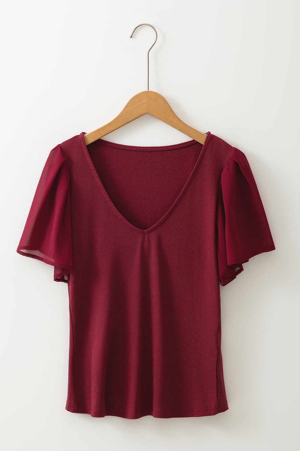 Red Dahlia Mesh Ruffled Sleeve Slim Fit V Neck Top-Tops/Blouses & Shirts-[Adult]-[Female]-2022 Online Blue Zone Planet