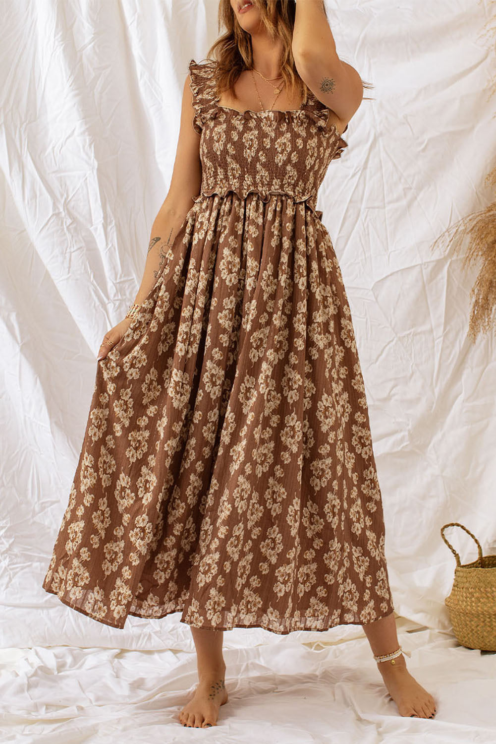 Blue Zone Planet | Brown Ruffled Straps Smocked Floral Maxi Dress-TOPS / DRESSES-[Adult]-[Female]-Brown-S-2022 Online Blue Zone Planet