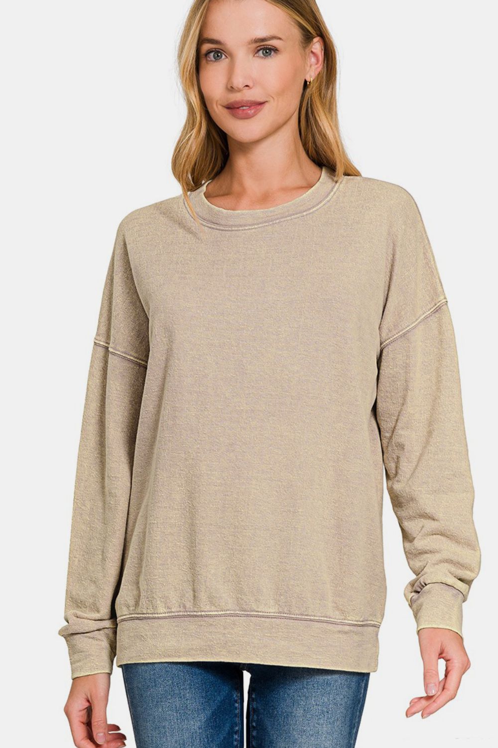 Zenana Washed Round Neck Dropped Shoulder Sweatshirt-TOPS / DRESSES-[Adult]-[Female]-Khaki-S-2022 Online Blue Zone Planet