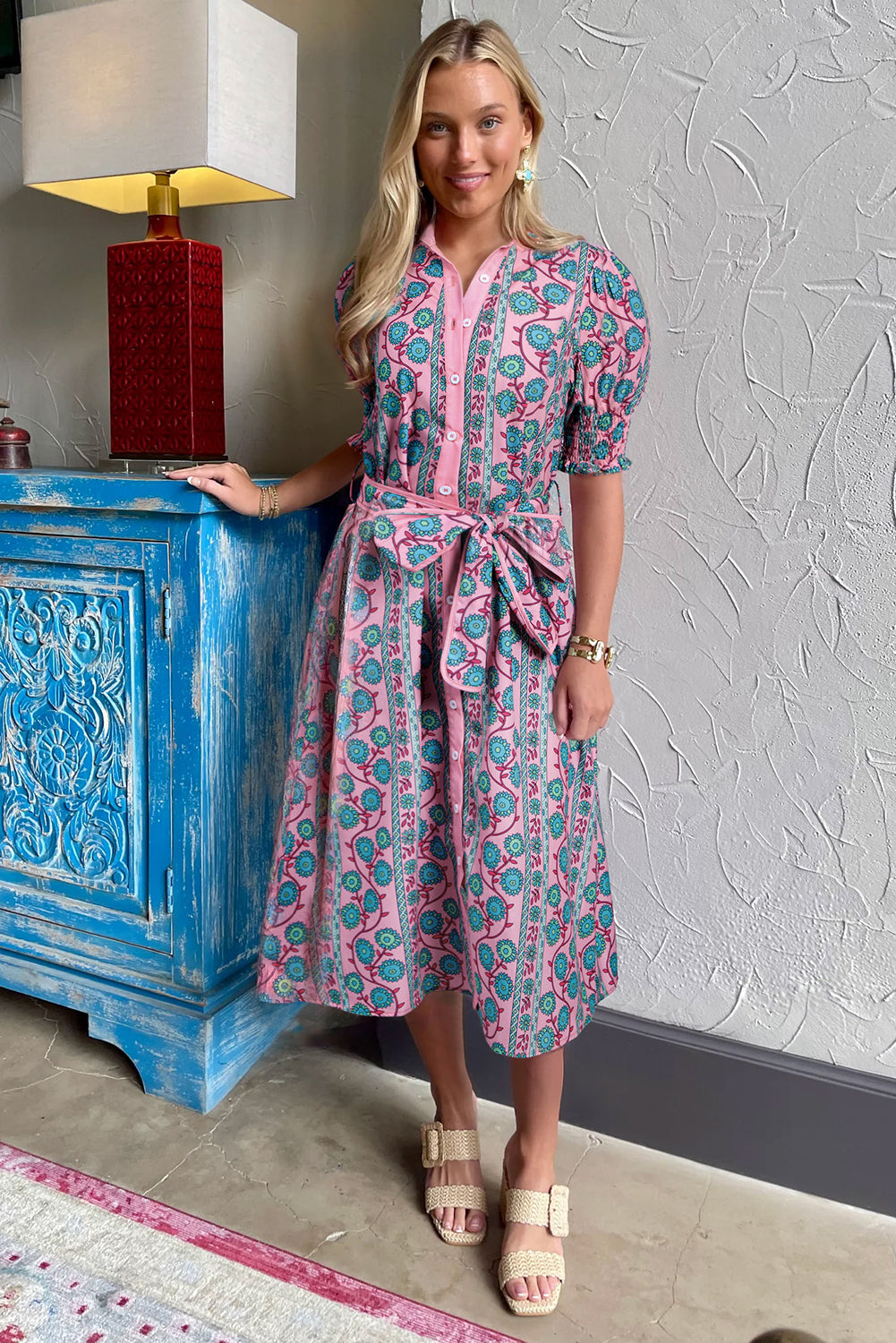 Pink Boho Floral Shirred Short Sleeve Belted Dress-Midi Dresses-[Adult]-[Female]-2022 Online Blue Zone Planet