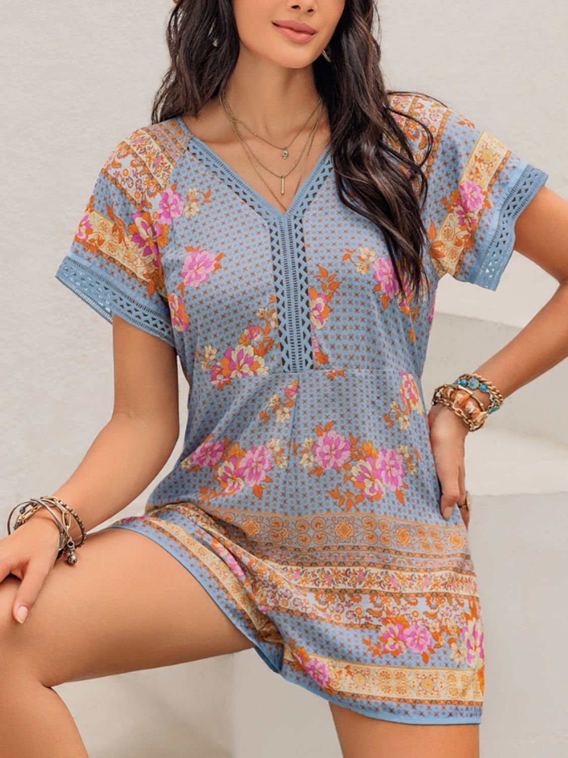 Printed V-Neck Short Sleeve Romper-TOPS / DRESSES-[Adult]-[Female]-2022 Online Blue Zone Planet