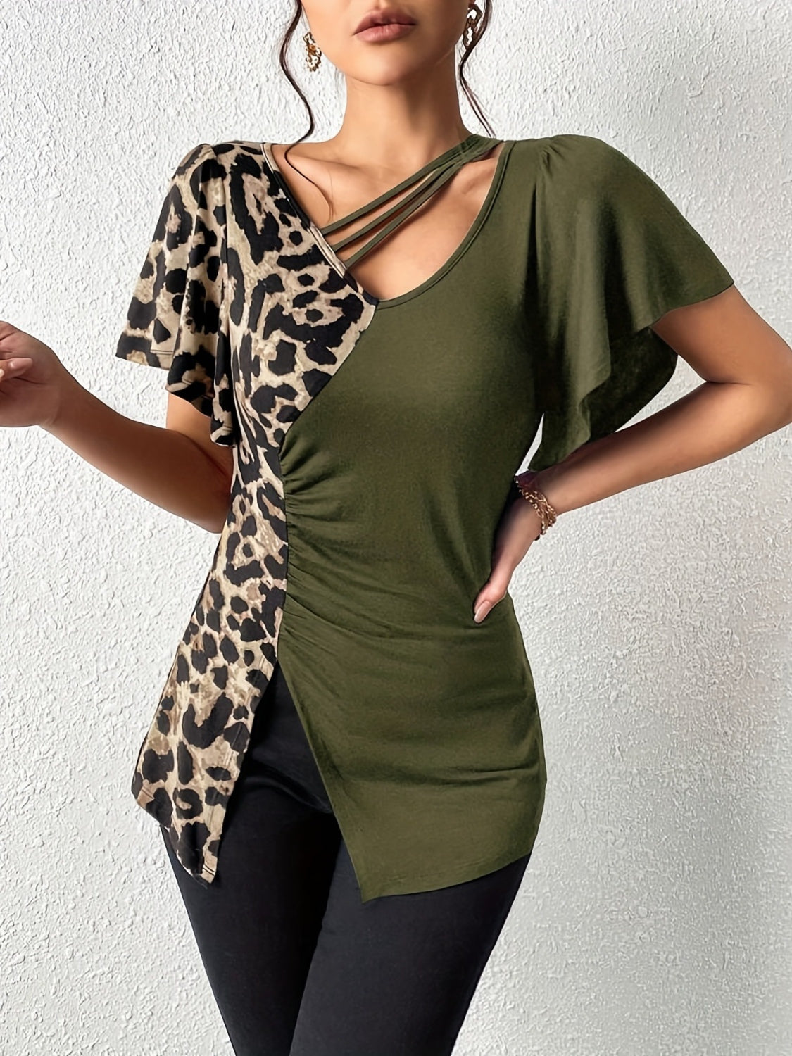 Ruched Leopard Flutter Sleeve T-Shirt-TOPS / DRESSES-[Adult]-[Female]-2022 Online Blue Zone Planet