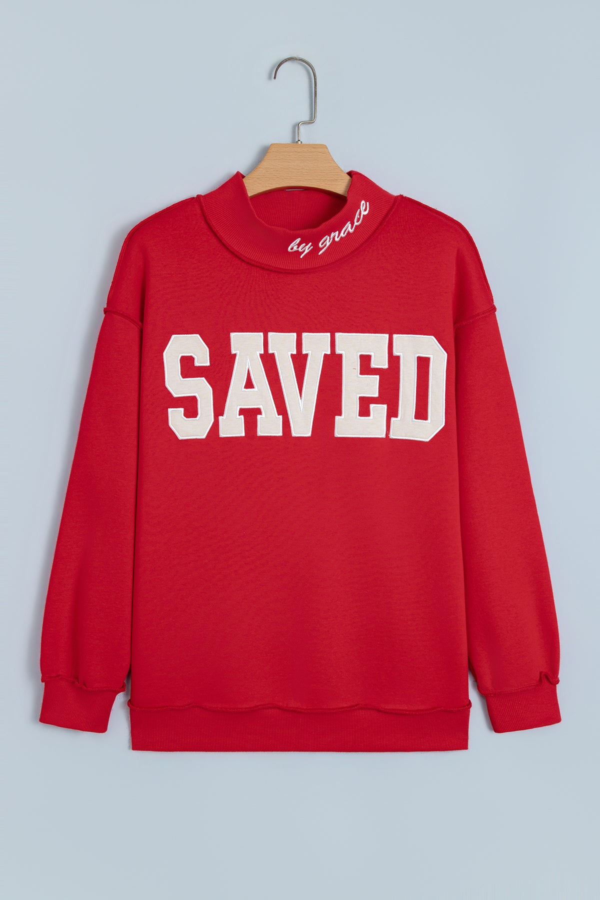 Gray Saved By Grace Embroidered Detail Letter Graphic High Neck Sweatshirt-Tops/Sweatshirts & Hoodies-[Adult]-[Female]-2022 Online Blue Zone Planet