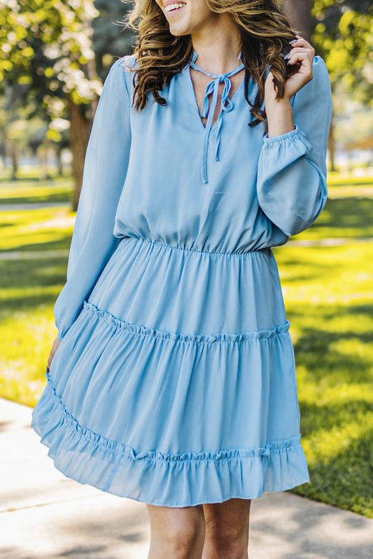 Blue Zone Planet | Light Blue V Neck Long Sleeve Ruffle Tiered Mini Dress-TOPS / DRESSES-[Adult]-[Female]-Sky Blue-S-2022 Online Blue Zone Planet