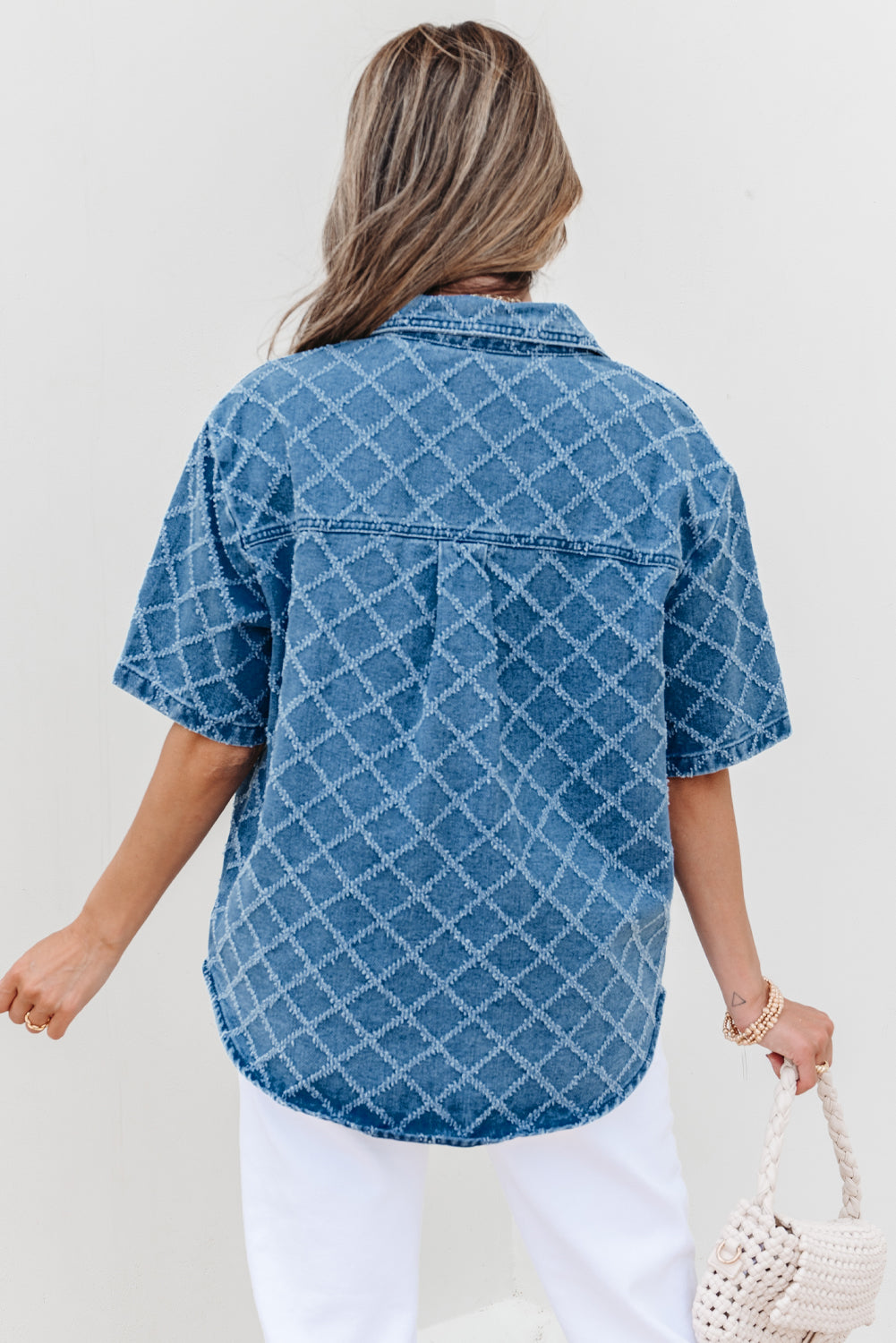 Dusk Blue Checkered Textured Short Sleeve Patched Pocket Denim Shirt-Tops/Blouses & Shirts-[Adult]-[Female]-2022 Online Blue Zone Planet