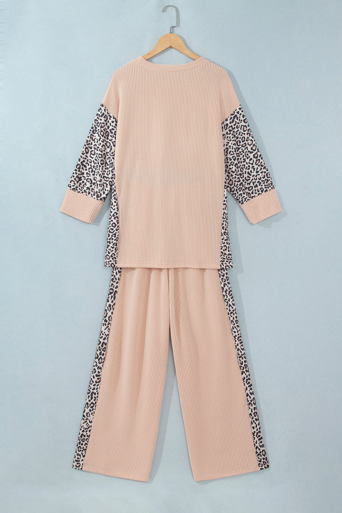 Parchment Leopard Print Twisted Ribbed Patchwork Long Sleeve Top Loose Pant Set-Two Piece Sets/Pant Sets-[Adult]-[Female]-2022 Online Blue Zone Planet
