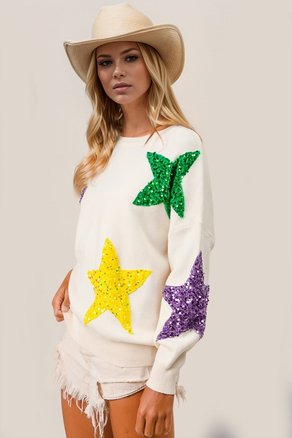 Double Take Sequin Star Round Neck Dropped Shoulder Sweater-TOPS / DRESSES-[Adult]-[Female]-2022 Online Blue Zone Planet