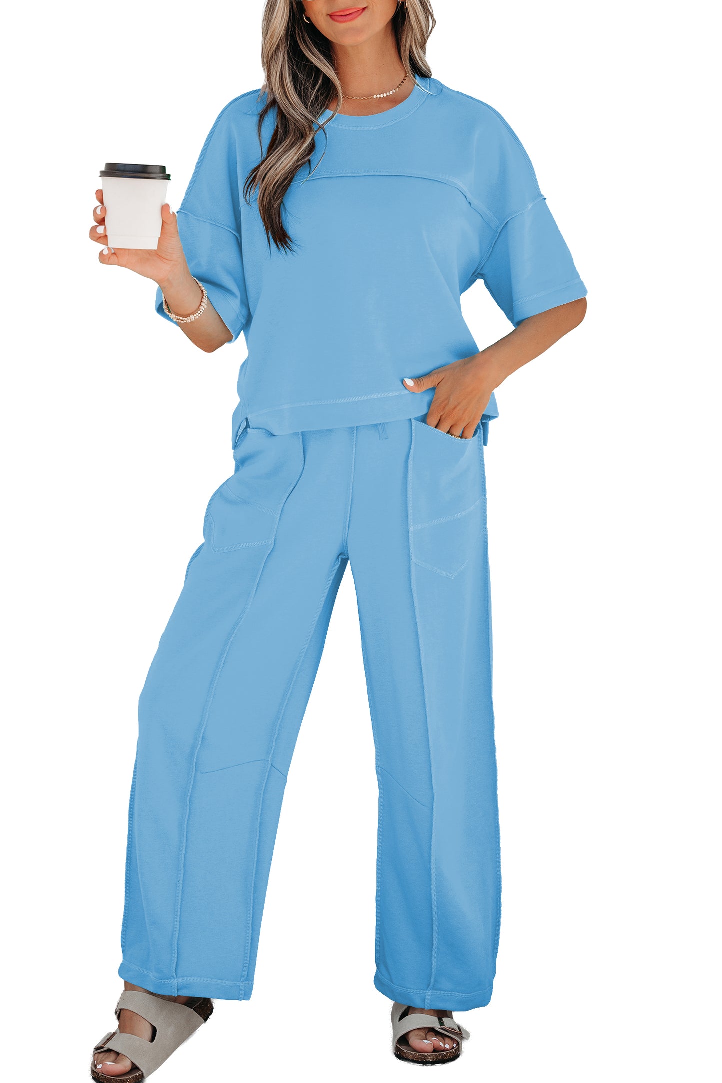 Sky Blue Drop Shoulder Boxy Tee and Barrel Pants Set-Two Piece Sets/Pant Sets-[Adult]-[Female]-2022 Online Blue Zone Planet