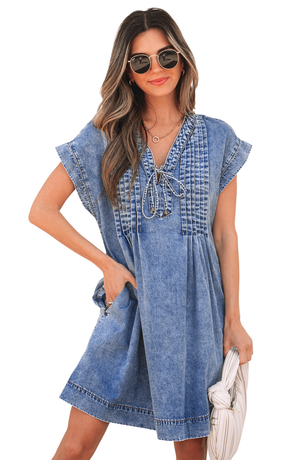 Beau Blue Tie V Neck Tucking Detail Short Sleeve Denim Shift Dress-TOPS / DRESSES-[Adult]-[Female]-2022 Online Blue Zone Planet