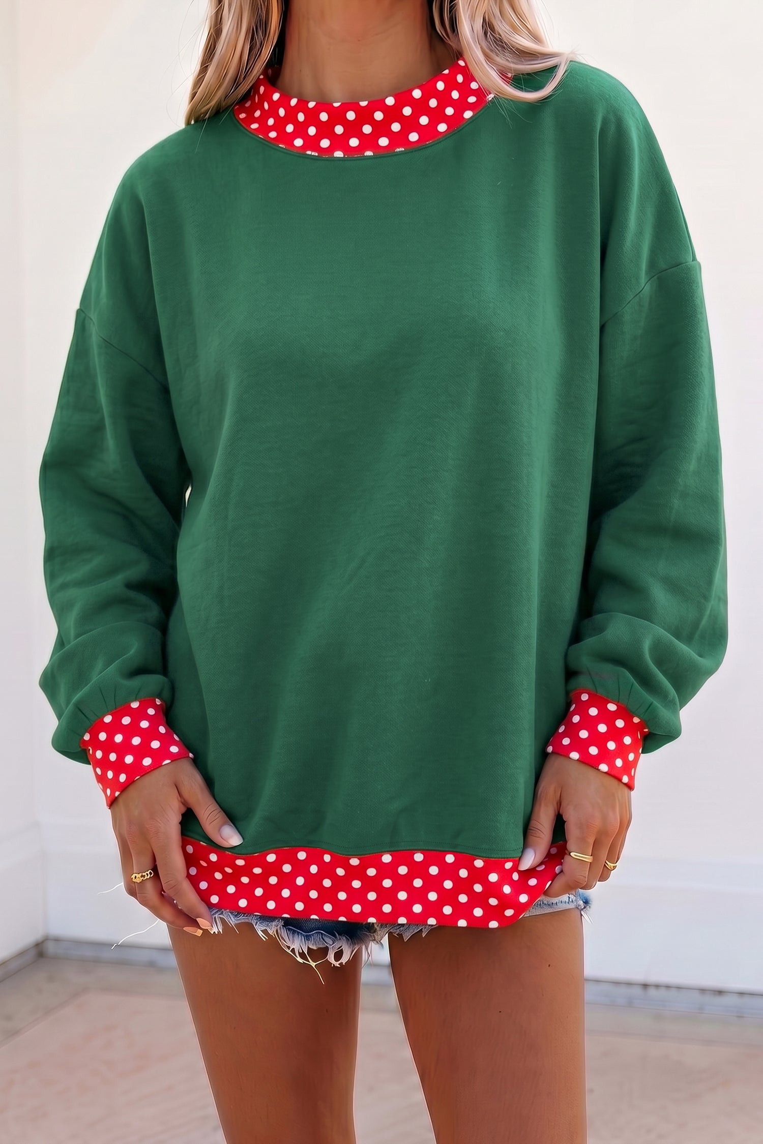 Dirty blue Colorblock Polka Dot Contrast Trim Oversized Sweatshirt-Tops/Sweatshirts & Hoodies-[Adult]-[Female]-2022 Online Blue Zone Planet