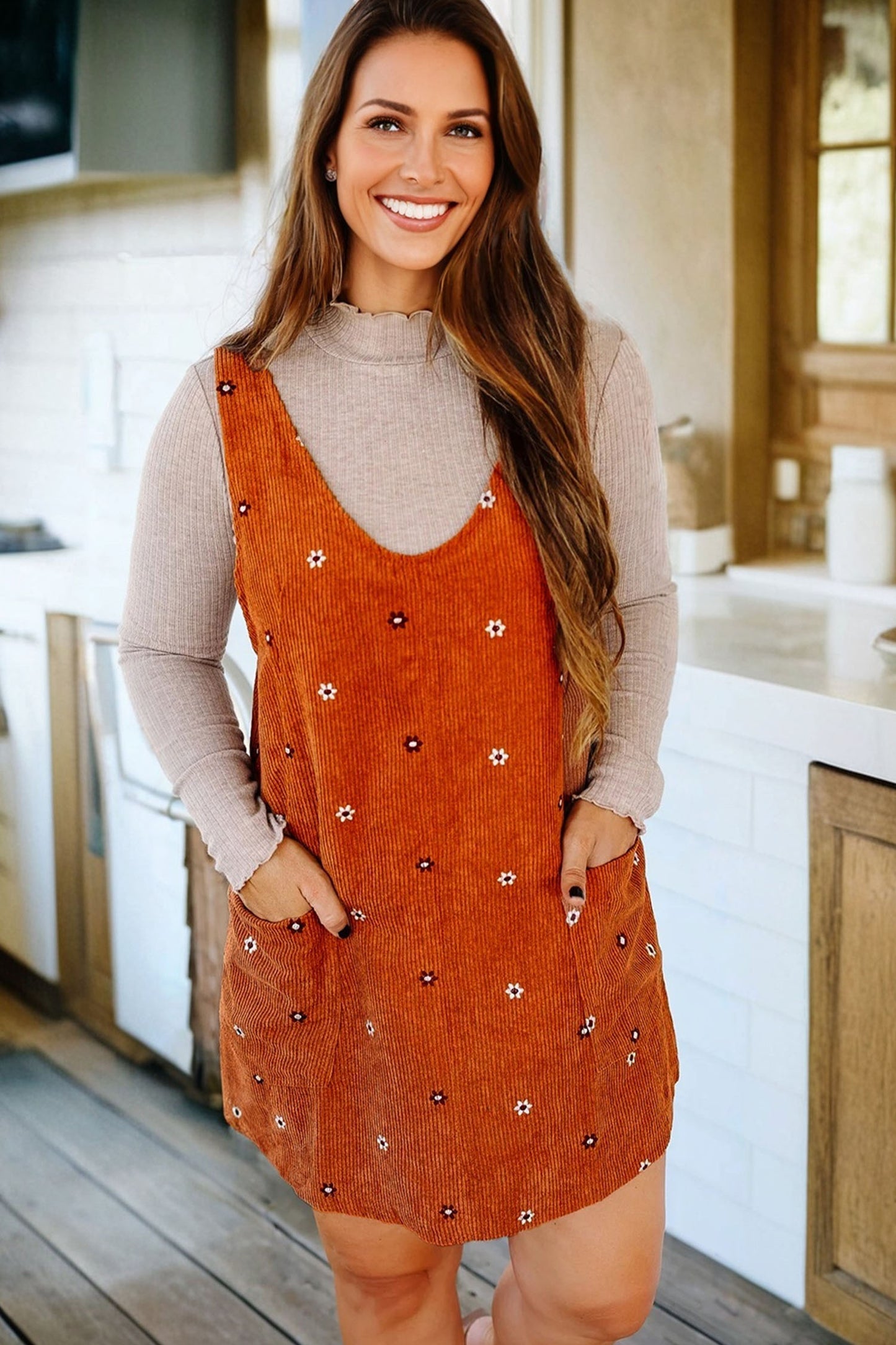 Gold Flame Flower Embroidered Corduroy Overall Mini Dress-TOPS / DRESSES-[Adult]-[Female]-2022 Online Blue Zone Planet