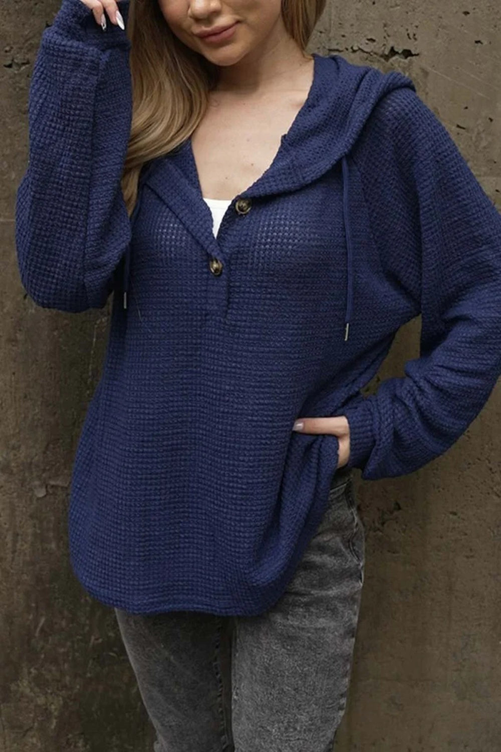 Waffle-Knit Long Sleeve Hooded T-Shirt-[Adult]-[Female]-2022 Online Blue Zone Planet