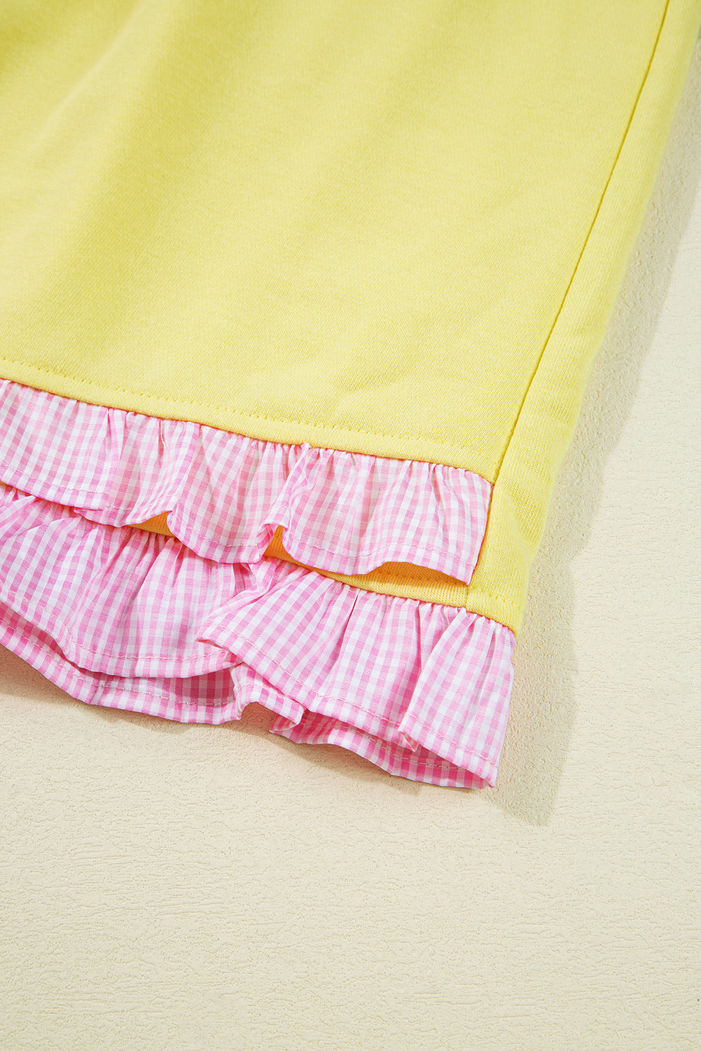 Yellow Contrast Plaid Ruffle Patchwork Pullover Top and Shorts Plus Size Set-Plus Size/Plus Size Loungewear-[Adult]-[Female]-2022 Online Blue Zone Planet