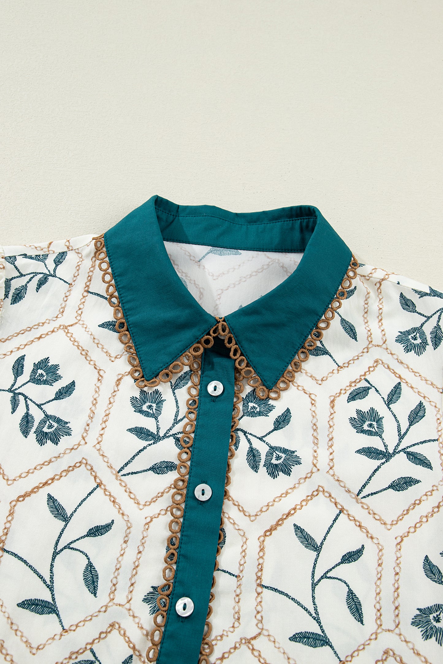 Blue Geometric Floral Print Lace Trim Collared Short Sleeve Mini Dress-TOPS / DRESSES-[Adult]-[Female]-2022 Online Blue Zone Planet