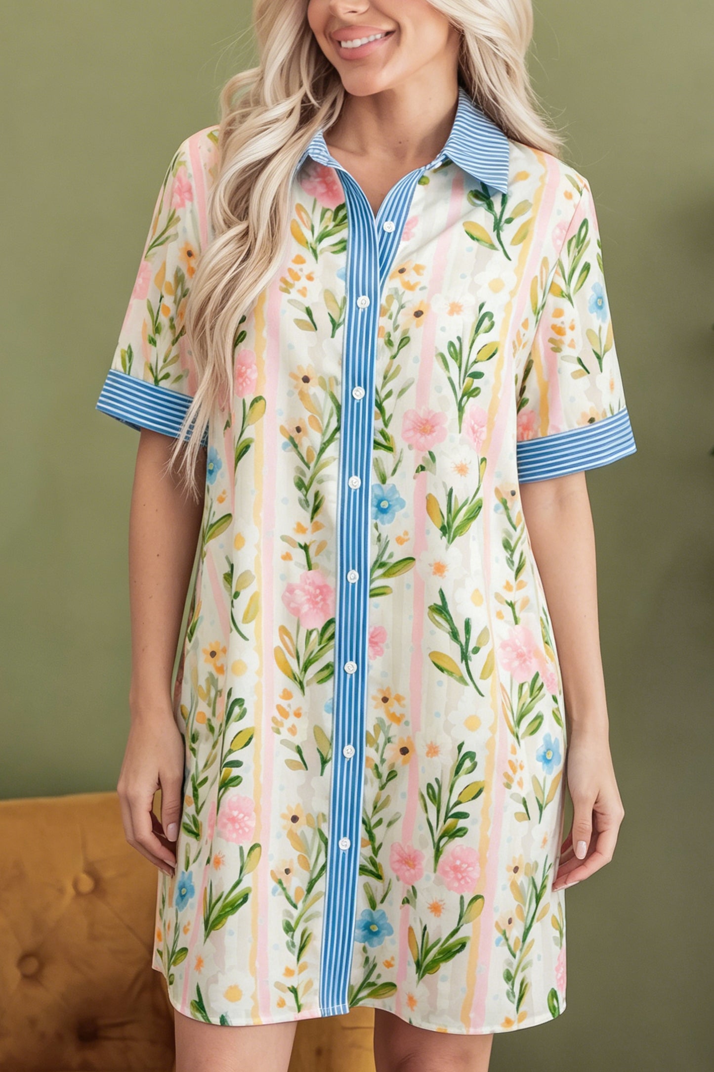 Multicolour Floral Print Striped Trim Button Down Shift Dress-Dresses/Mini Dresses-[Adult]-[Female]-Multicolour-S-2022 Online Blue Zone Planet