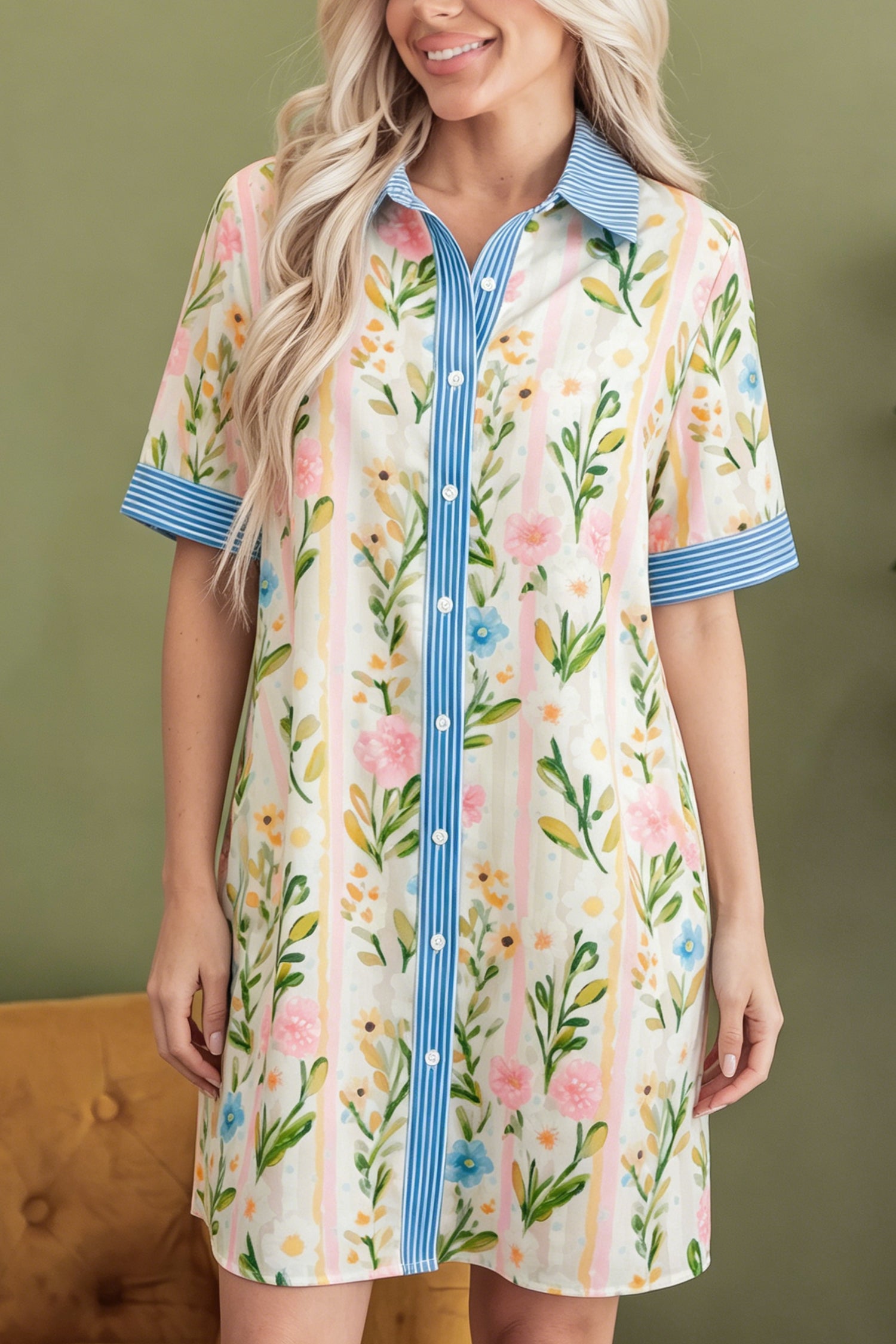 Multicolour Floral Print Striped Trim Button Down Shift Dress-Dresses/Mini Dresses-[Adult]-[Female]-Multicolour-S-2022 Online Blue Zone Planet