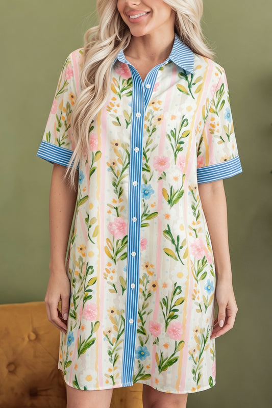 Multicolour Floral Print Striped Trim Button Down Shift Dress-Dresses/Mini Dresses-[Adult]-[Female]-Multicolour-S-2022 Online Blue Zone Planet