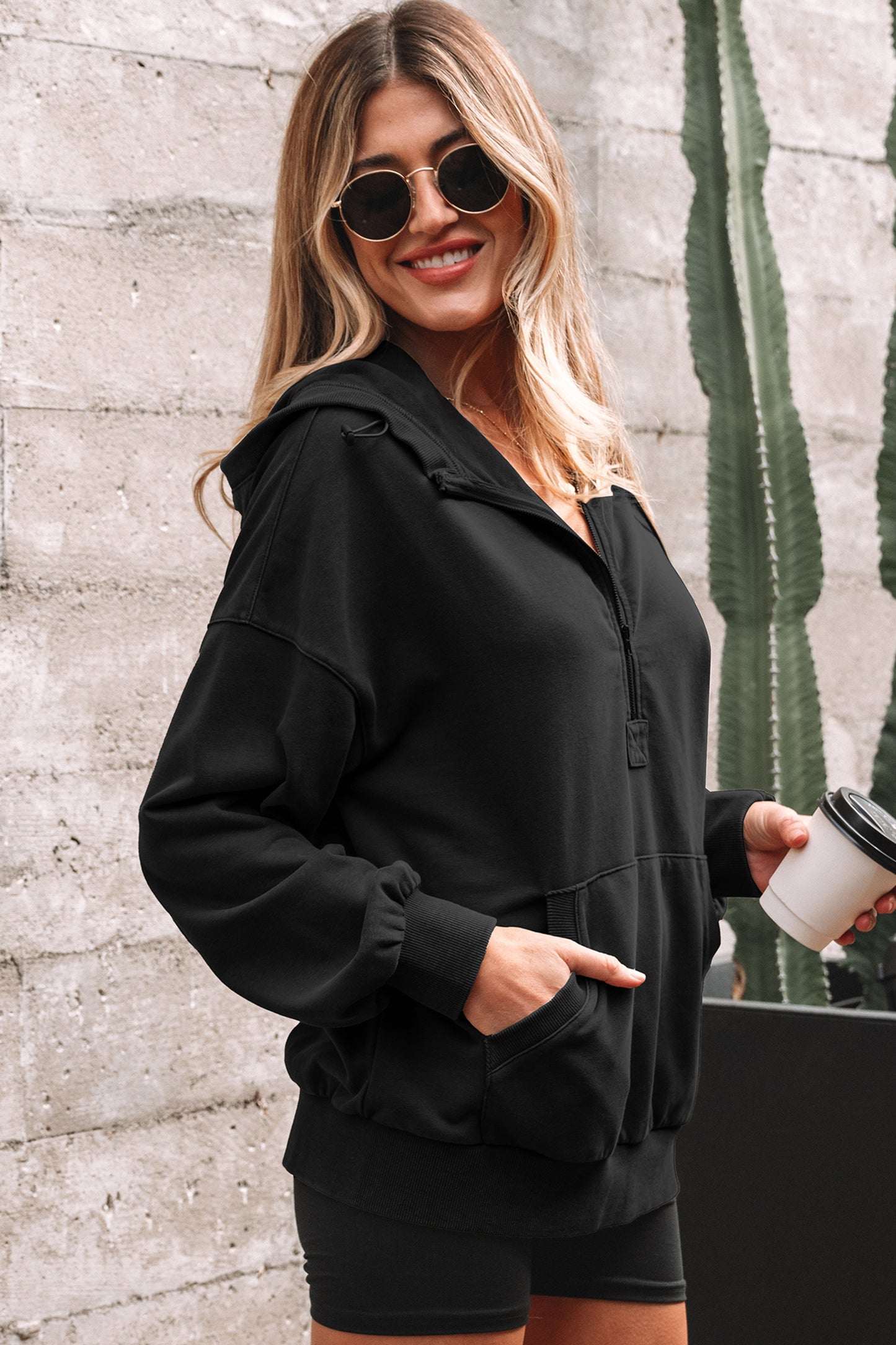 Elmwood Half Zip Kangaroo Pocket Mineral Wash Baggy Hoodie-Tops / Dresses-[Adult]-[Female]-2022 Online Blue Zone Planet