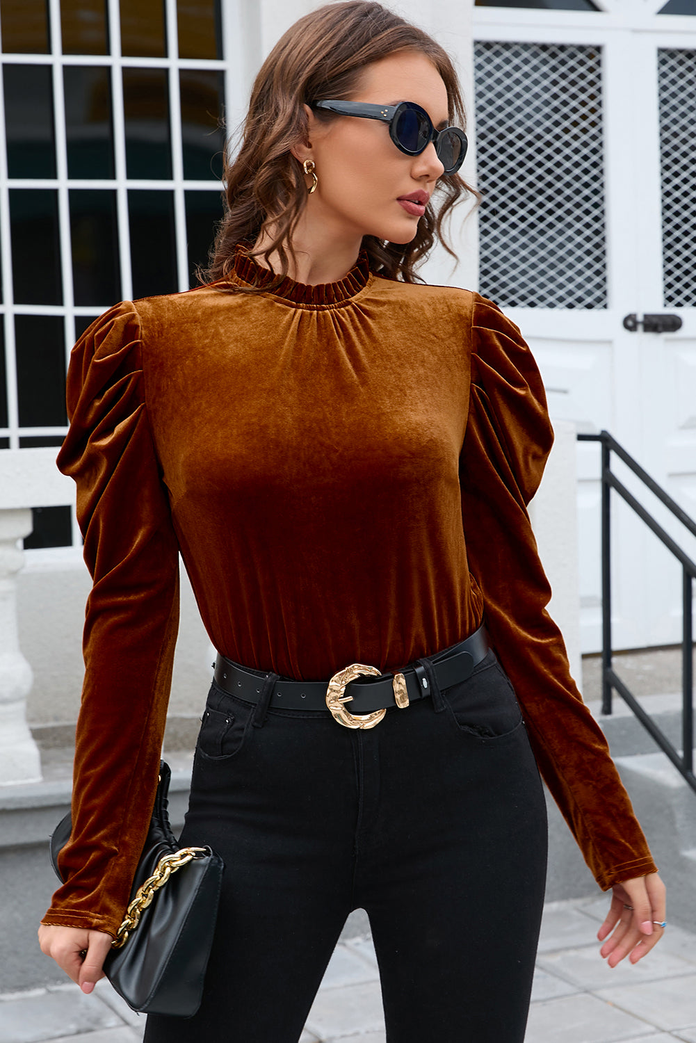 Frill Mock Neck Puff Sleeve Blouse