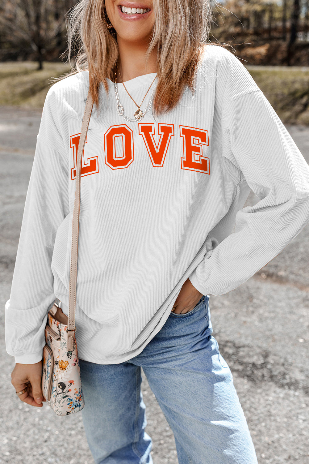 White LOVE Printed Crewneck Valentines Pullover Sweatshirt-Graphic Sweatshirts-[Adult]-[Female]-2022 Online Blue Zone Planet