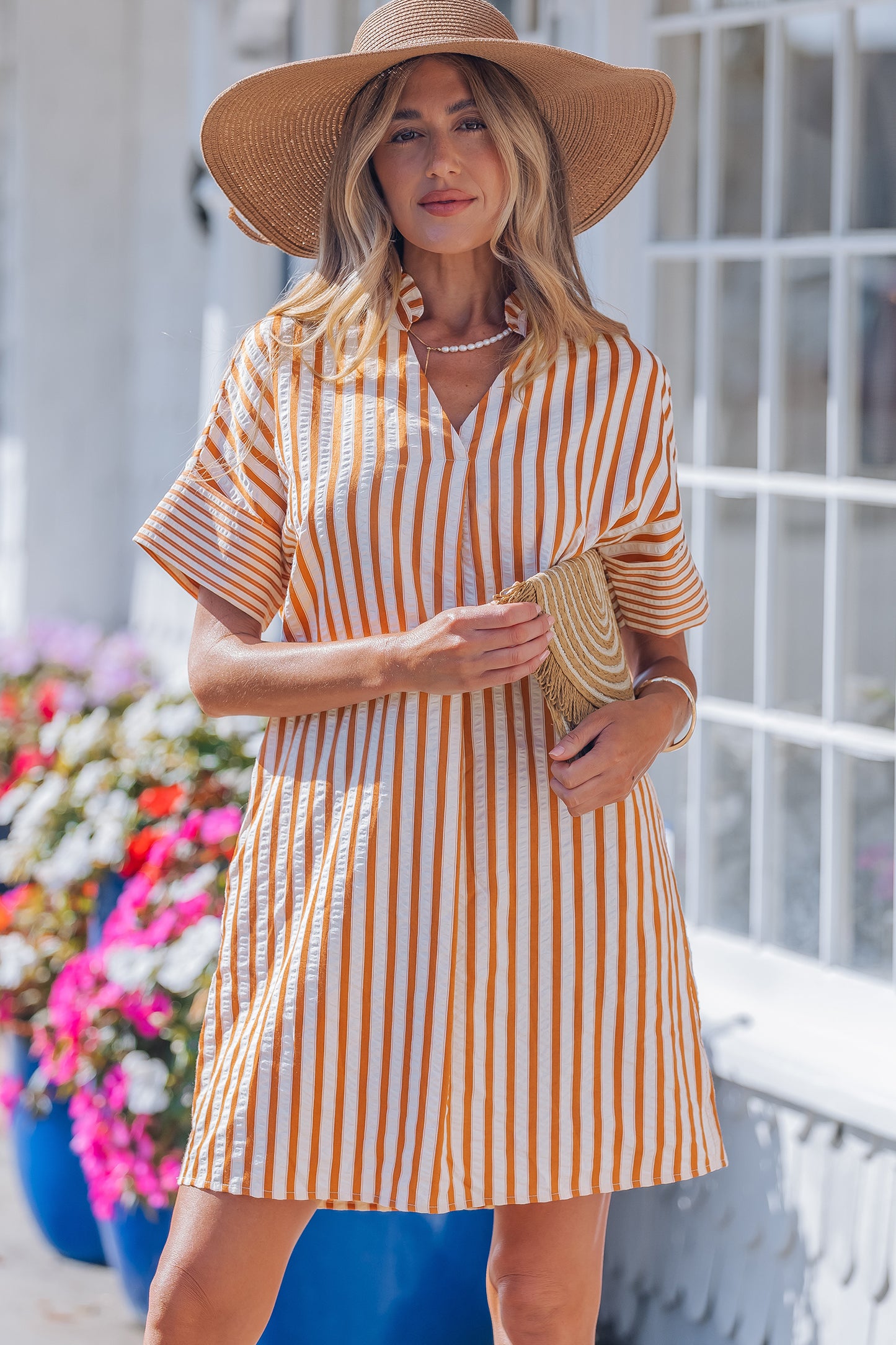 Brown Stripe Pinched V Neck Turn-up Cuffs Shift Mini Dress-TOPS / DRESSES-[Adult]-[Female]-2022 Online Blue Zone Planet