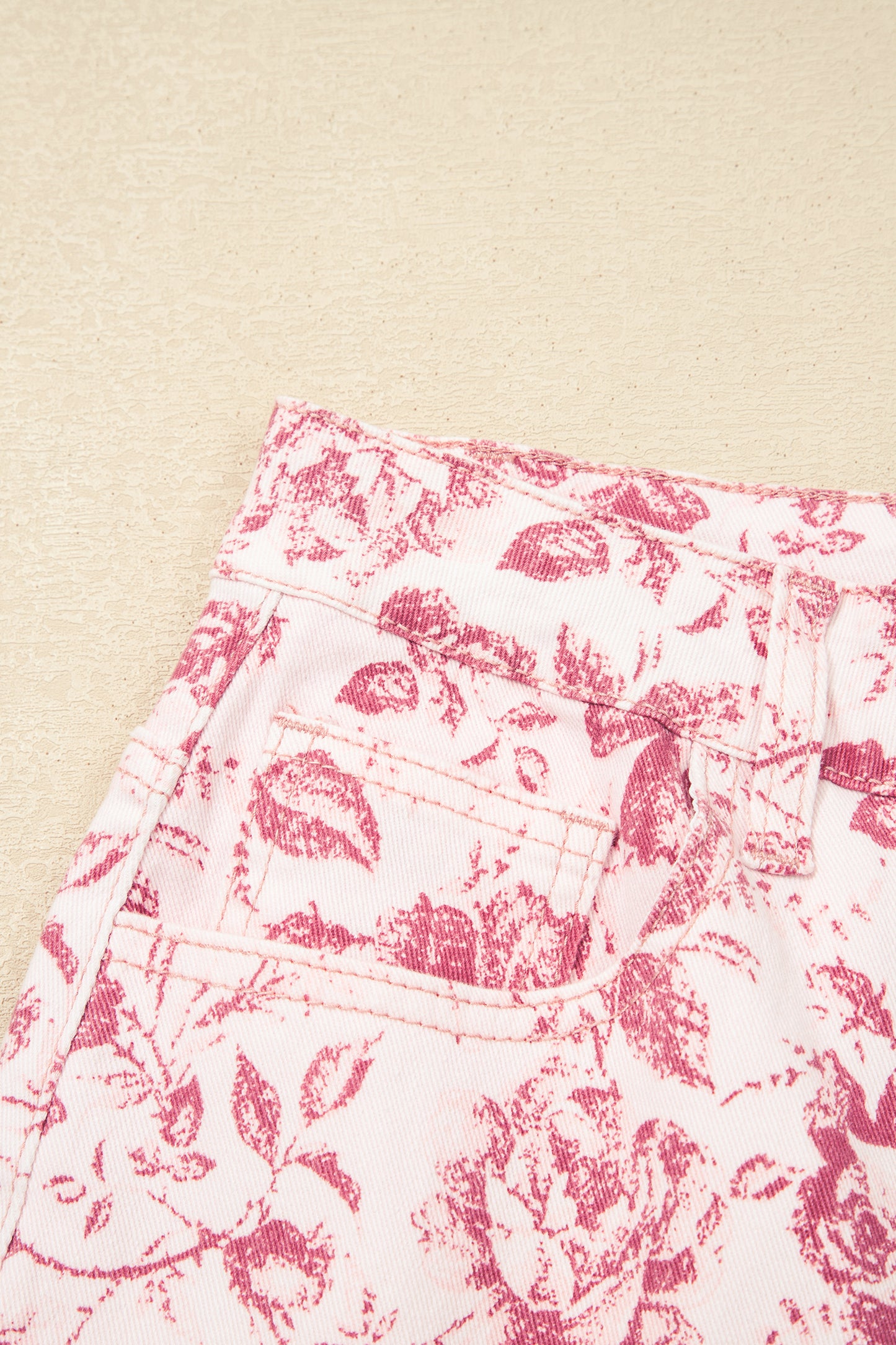 Pink Vintage Floral Print Denim Shift Pants-Bottoms/Jeans-[Adult]-[Female]-2022 Online Blue Zone Planet