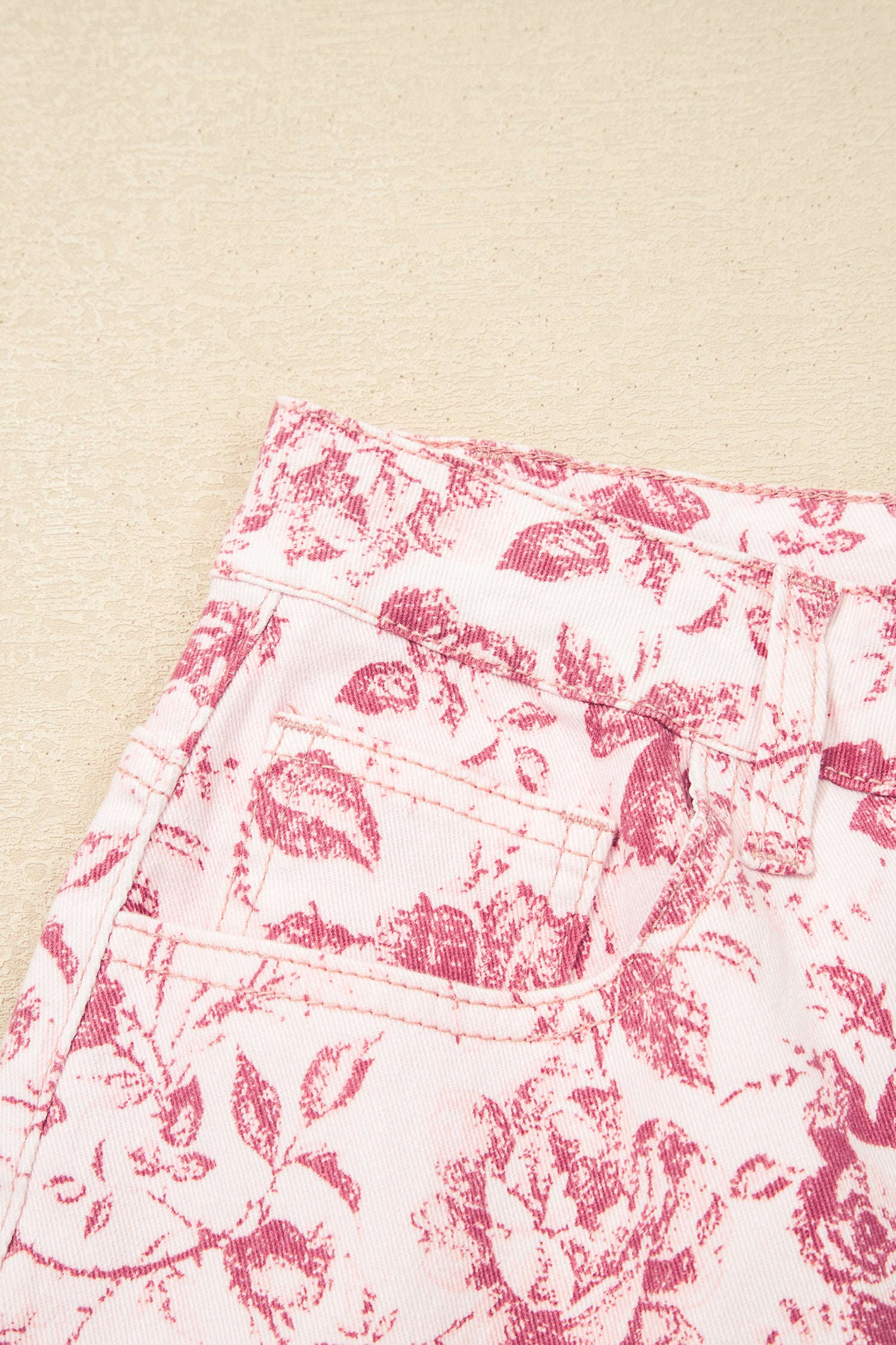 Pink Vintage Floral Print Denim Shift Pants-Bottoms/Jeans-[Adult]-[Female]-2022 Online Blue Zone Planet