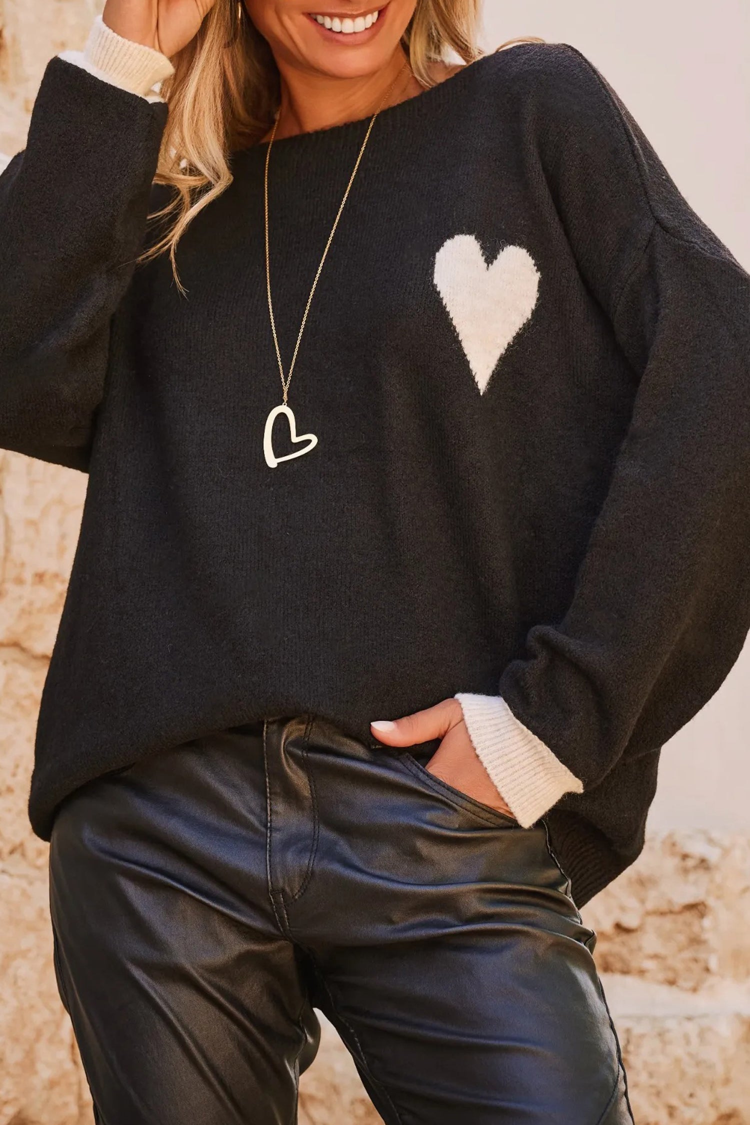 Black Heart Detail Contrast Cuffs Baggy Sweater-TOPS / DRESSES-[Adult]-[Female]-Black-S-2022 Online Blue Zone Planet