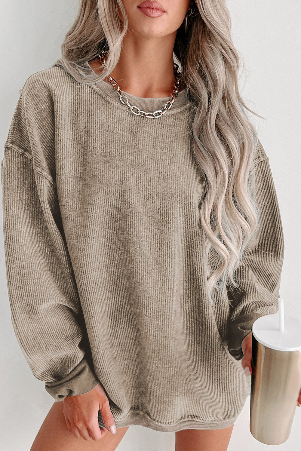 Khaki Solid Ribbed Knit Round Neck Pullover Sweatshirt-Tops/Sweatshirts & Hoodies-[Adult]-[Female]-Khaki-S-2022 Online Blue Zone Planet