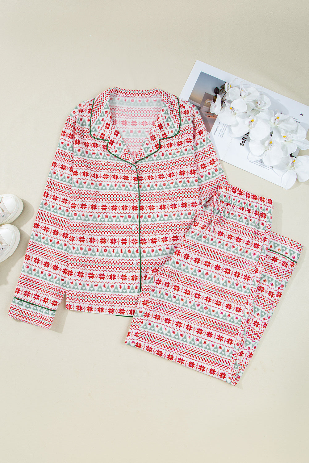 White Christmas Pattern Print Shirt Style Long 2pcs Pajama Set-Loungewear & Sleepwear/Sleepwear-[Adult]-[Female]-2022 Online Blue Zone Planet