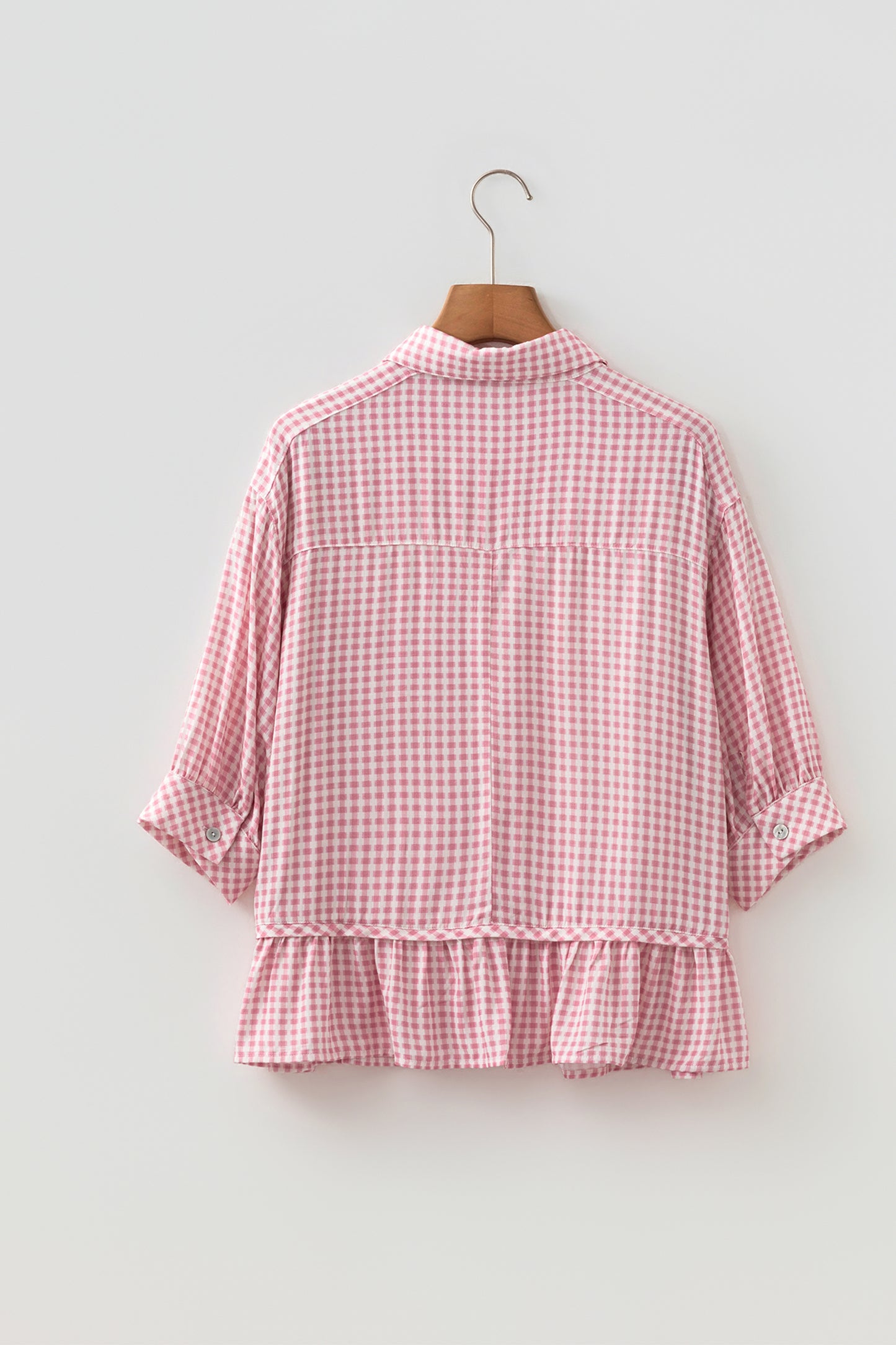 Pink Plaid Half Sleeve Ruffle Hem Button Down Shirt-Tops/Blouses & Shirts-[Adult]-[Female]-2022 Online Blue Zone Planet