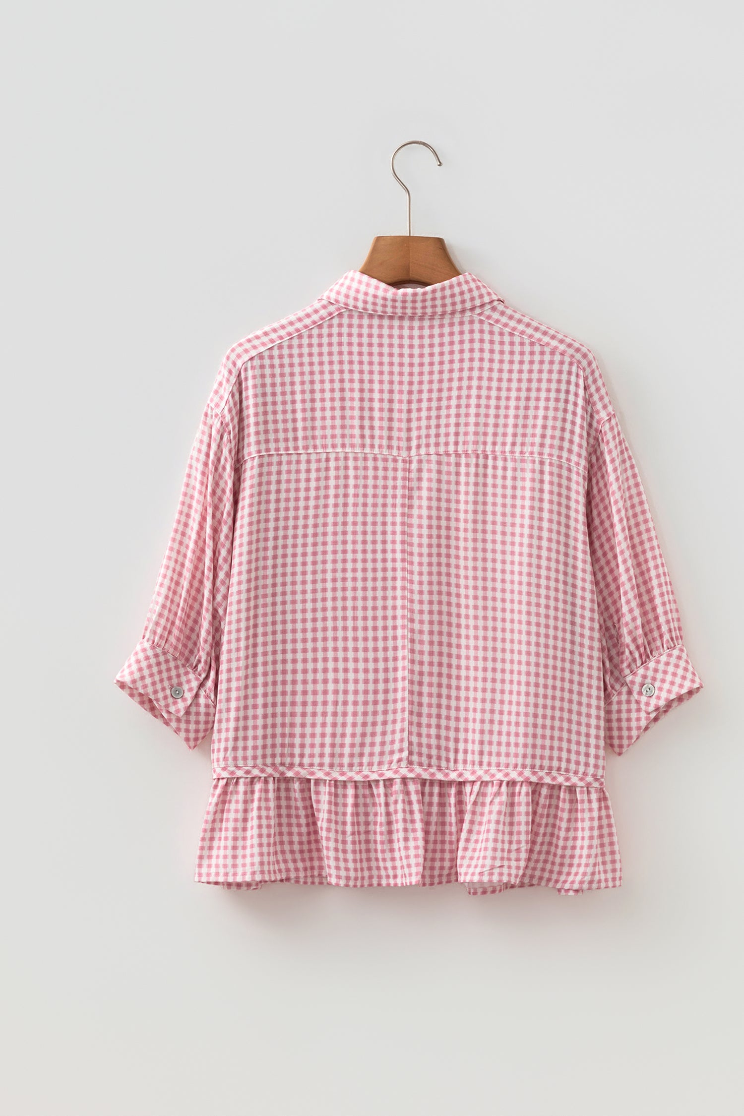 Pink Plaid Half Sleeve Ruffle Hem Button Down Shirt-Tops/Blouses & Shirts-[Adult]-[Female]-2022 Online Blue Zone Planet