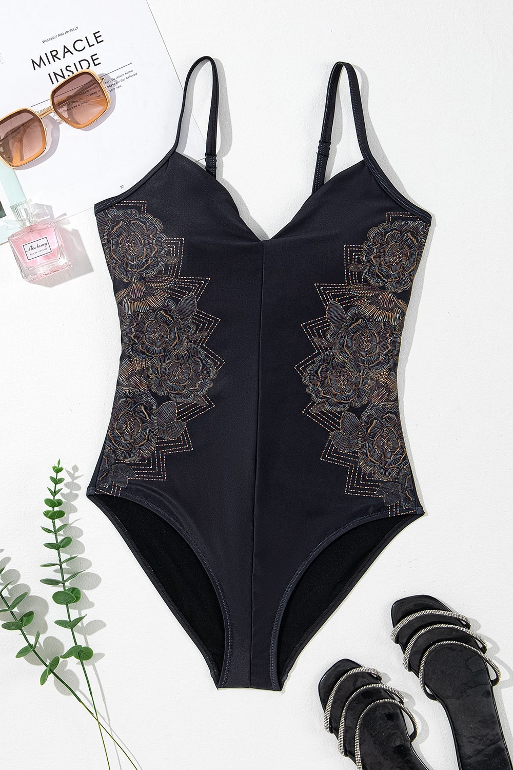 Embroidered V-Neck One-Piece Swimwear-TOPS / DRESSES-[Adult]-[Female]-2022 Online Blue Zone Planet