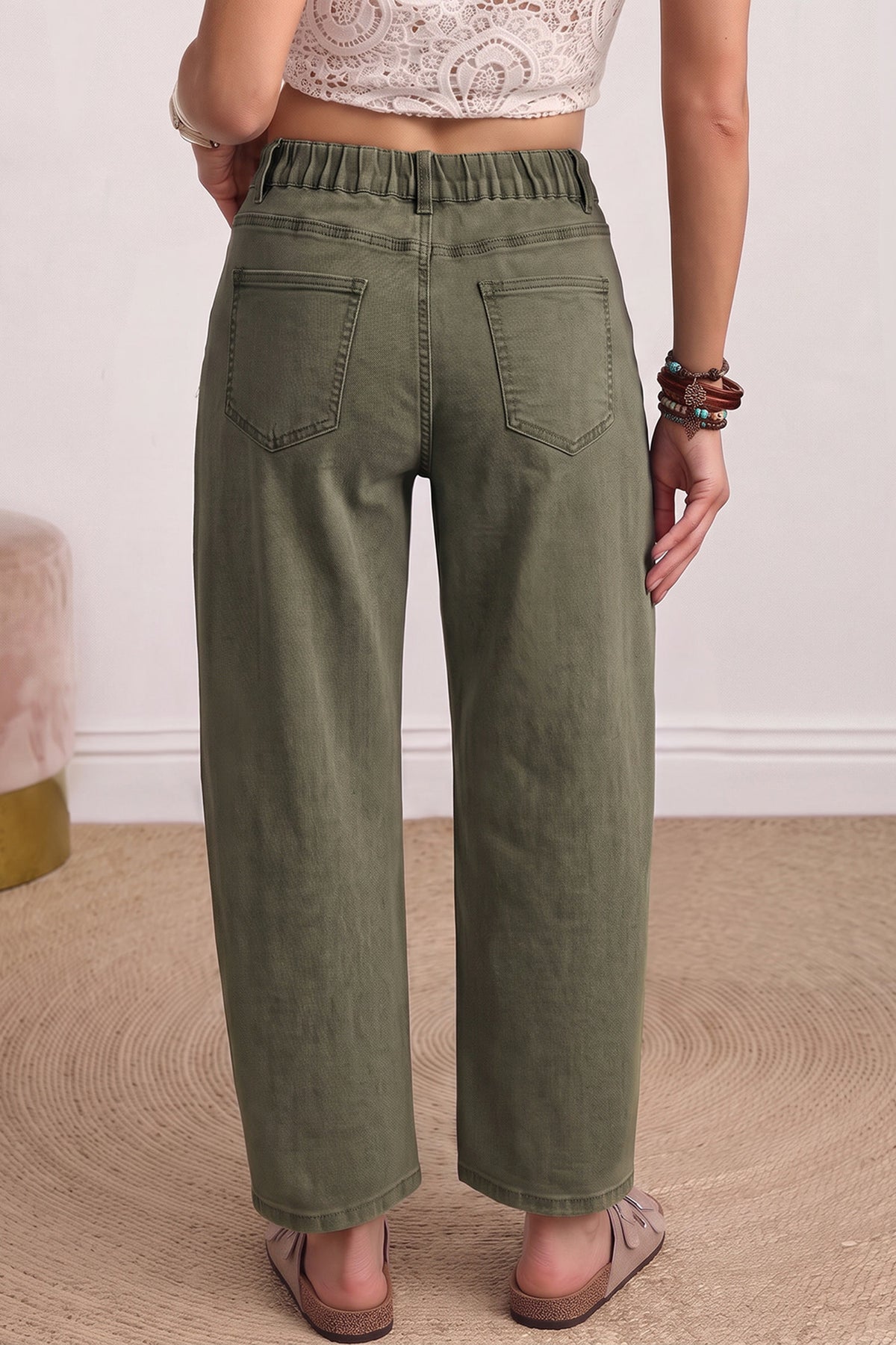 Four Leaf Clover Solid Color Square Patch Pocket Ankle-length Barrel Jeans-Bottoms/Jeans-[Adult]-[Female]-2022 Online Blue Zone Planet