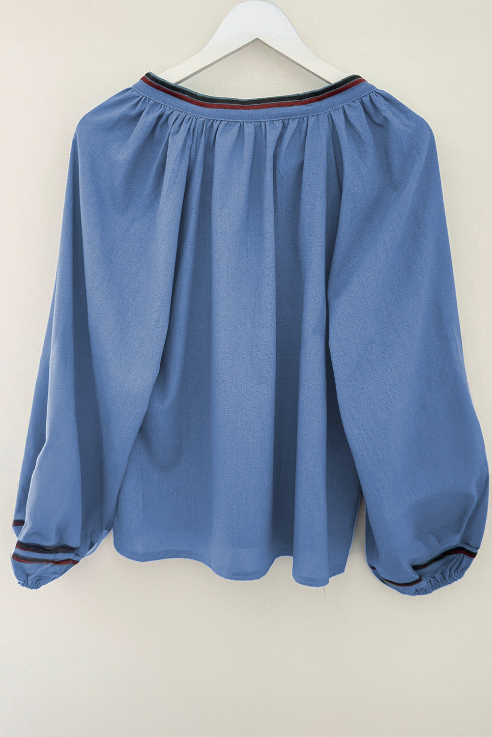 Real Teal Floral Embroidered Split Neck Tassel Tie Puff Sleeve Blouse-Tops/Blouses & Shirts-[Adult]-[Female]-2022 Online Blue Zone Planet