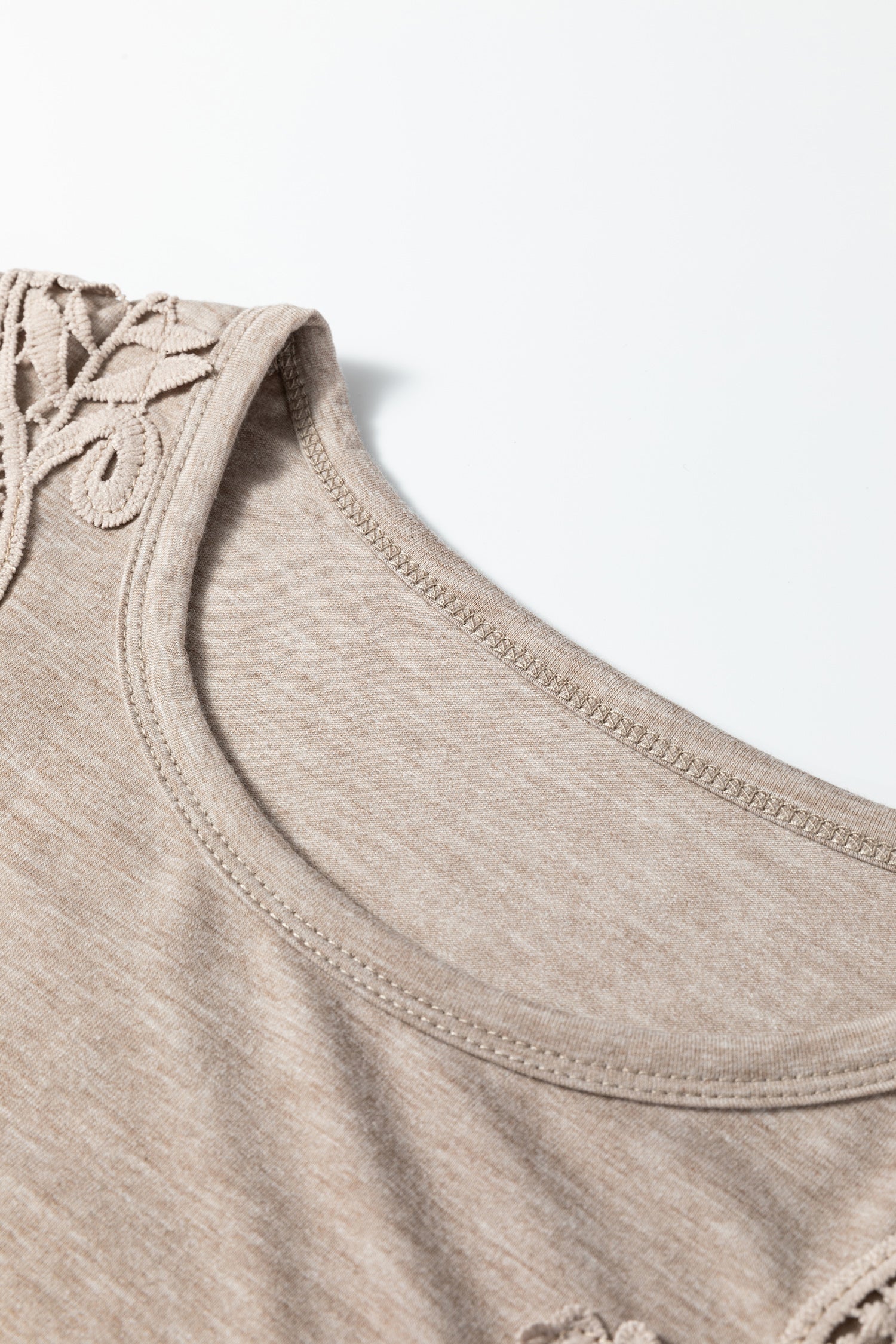 Smoke Gray Solid Color Lace Patched Detail Round Neck Tee-Tops/Tops & Tees-[Adult]-[Female]-2022 Online Blue Zone Planet