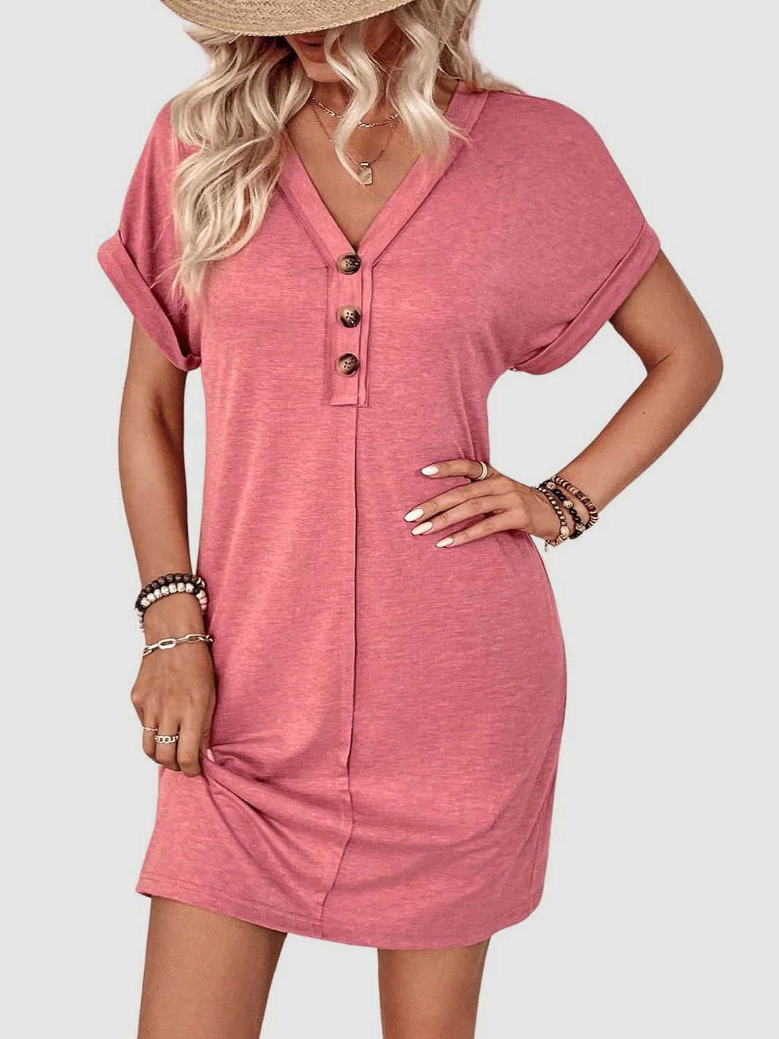 Quarter Button V-Neck Short Sleeve Dress-TOPS / DRESSES-[Adult]-[Female]-Burnt Coral-S-2022 Online Blue Zone Planet