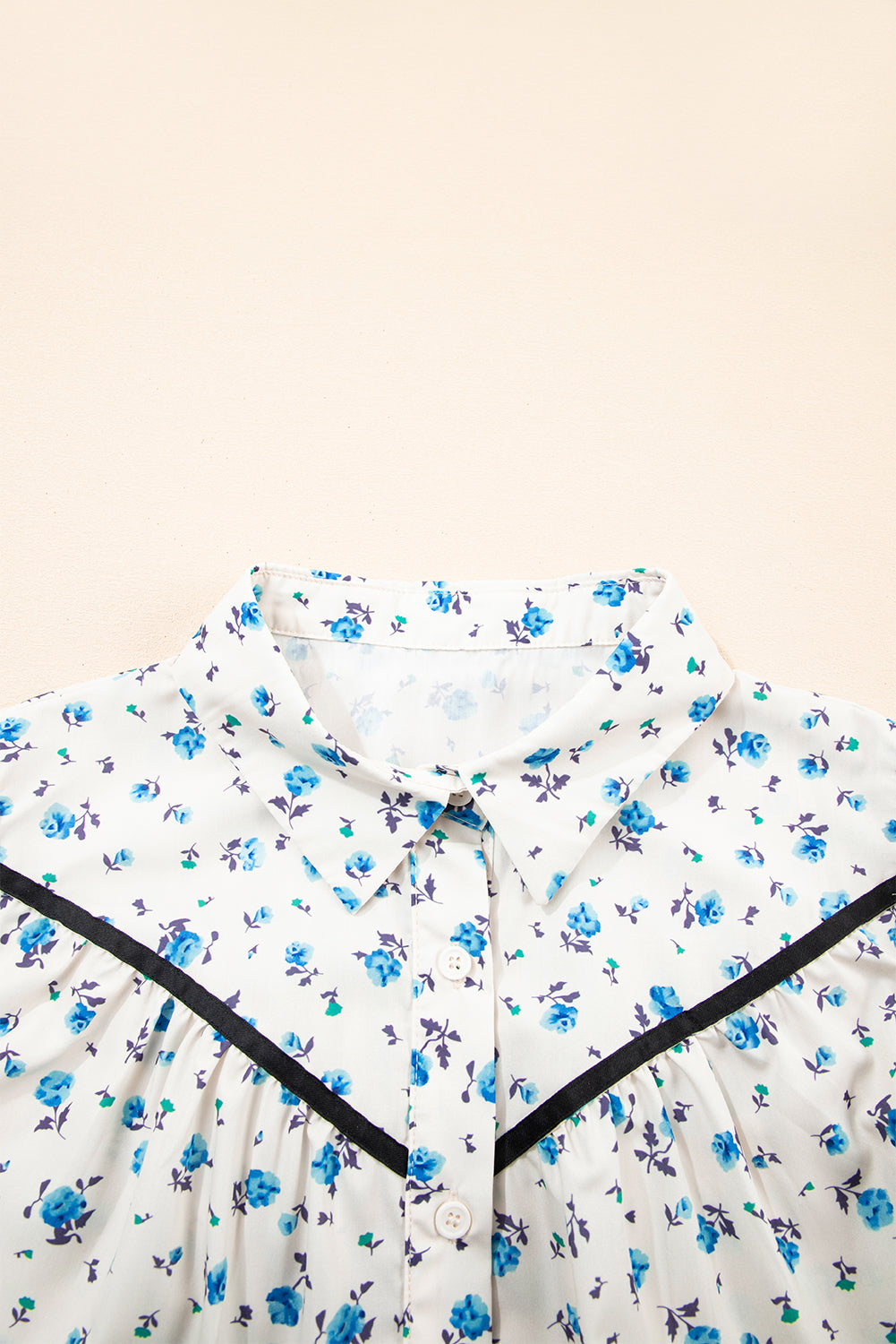 White Contrast Trim Floral Puff Short Sleeve Shirt-Tops/Blouses & Shirts-[Adult]-[Female]-2022 Online Blue Zone Planet