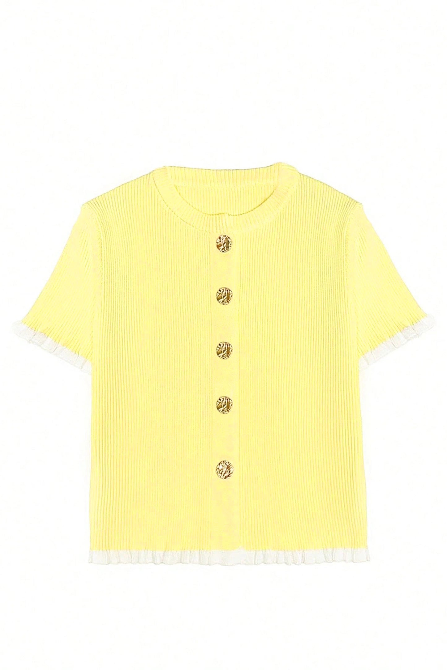 Yellow Cream Ribbed Knit Contrast Frilled Short Sleeve Sweater Cardigan
