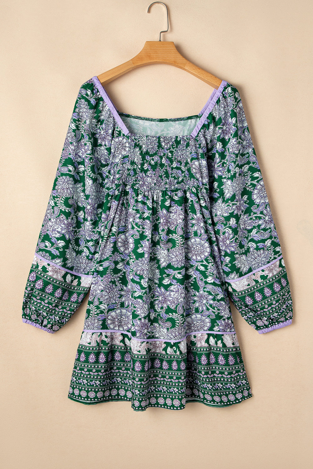 Green Floral Print Piping Trim Bubble Sleeve Bohemian Dress-Short Dresses-[Adult]-[Female]-2022 Online Blue Zone Planet