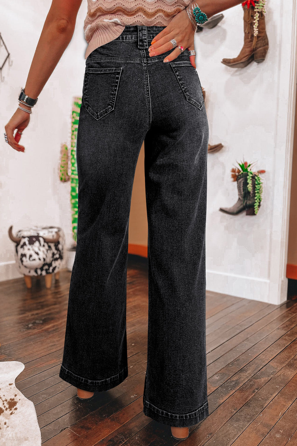 Black Wide Leg Pocketed High Waist Jeans-Bottoms/Jeans-[Adult]-[Female]-2022 Online Blue Zone Planet