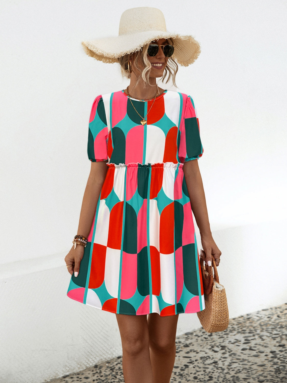 Blue Zone Planet |  Geometric Frill Round Neck Short Sleeve Dress BLUE ZONE PLANET