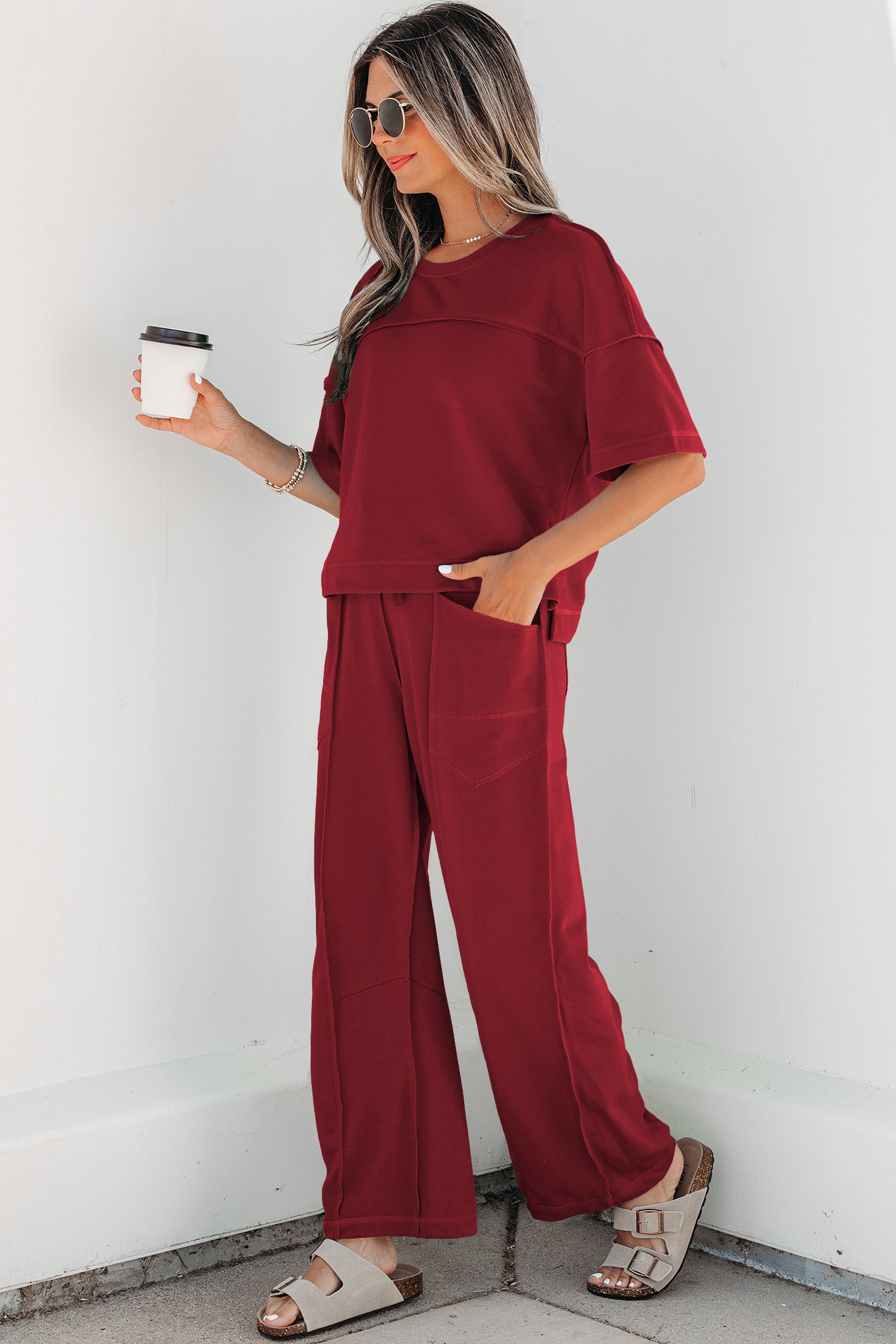 Racing Red Drop Shoulder Boxy Tee and Barrel Pants Set-Two Piece Sets/Pant Sets-[Adult]-[Female]-2022 Online Blue Zone Planet